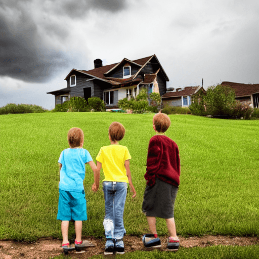 AI generated: house on a hill with 3 kids in the yard with storm clouds in the background