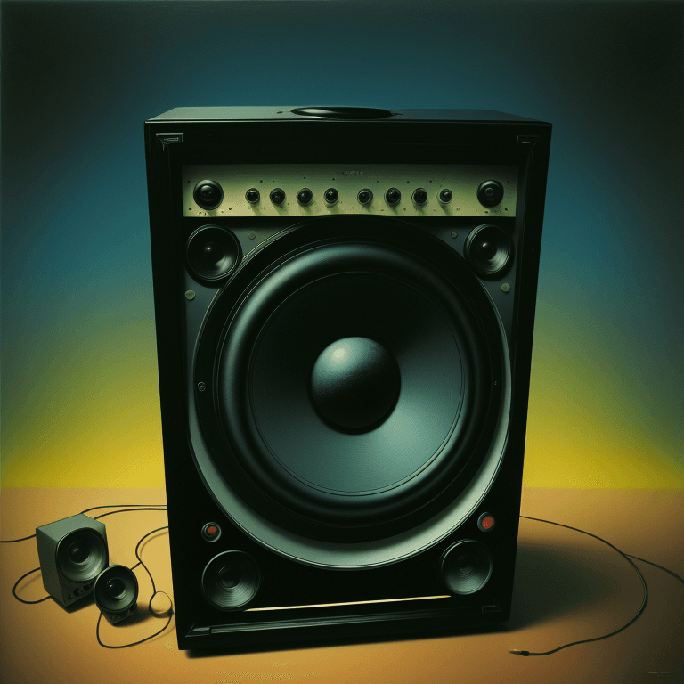 AI generated: music Album cover picture, surreal art, oil picture, speaker,  electronic, 1980
