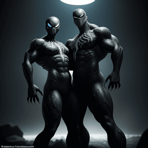 AI generated: Realistic photo, the two friends have Venom powers and are posing with their bodies muscular and sym...