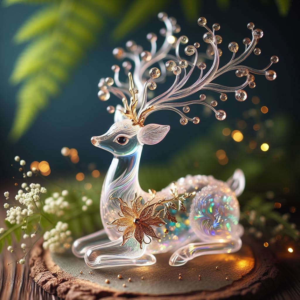 AI generated: extremely delicate iridiscent deer made of glass, translucent, tiny golden accents, beautifully and ...