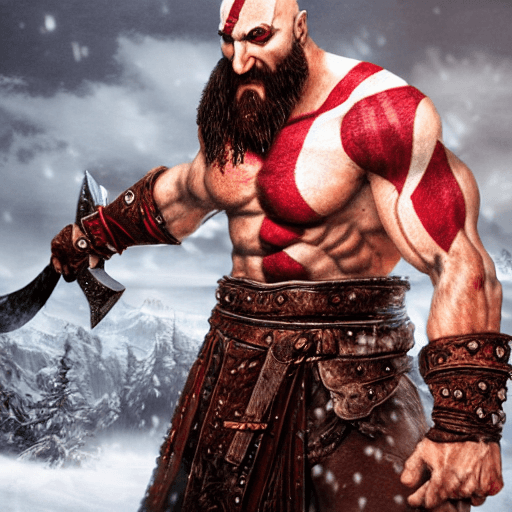 AI generated: kratos, god of war, holding giant bloody axe, snowstorm, blood moon, 64k, FHD, UHD, WHD, hyper detai...