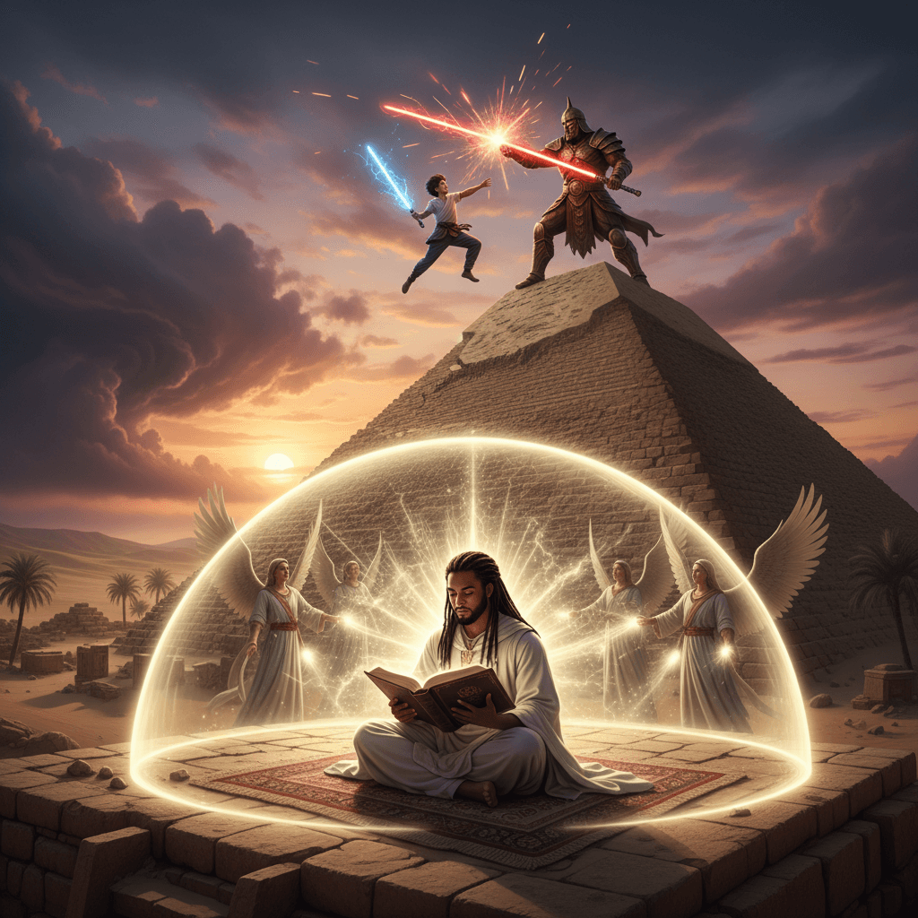 AI generated: Have david and goliath fight with lightsabers on top of a pyramid in egypt while a brown skin man wi...