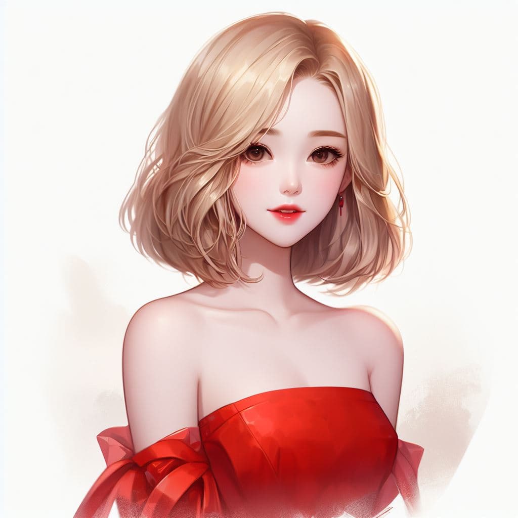 AI generated: a realistic girl with blonde hair, Cute Loose Bob hair, wearing a red strapless suit, High detail RA...