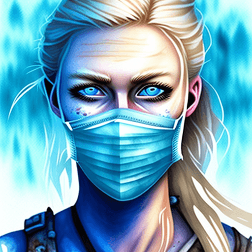 AI generated: Head and shoulders shot of an blonde female with ice blue eyes and wearing a face mask with zombies ...