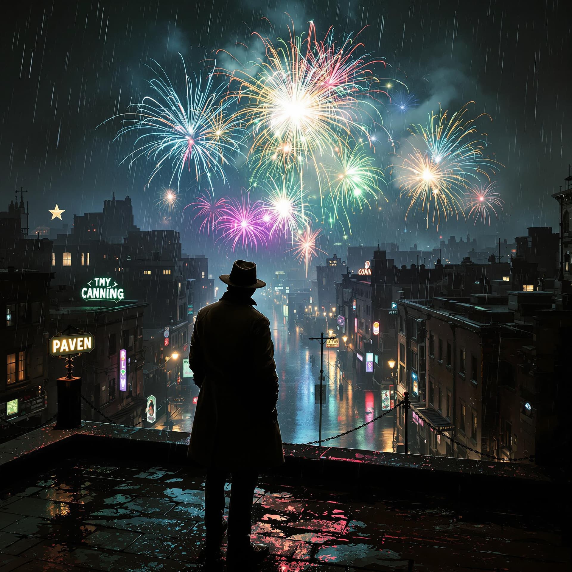 AI generated: A weathered detective stands alone on a rain-soaked rooftop, watching a firework display illuminate ...