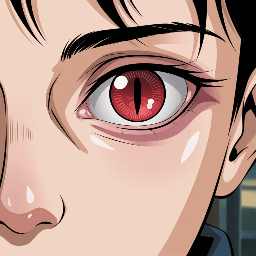 AI generated: A close-up, highly detailed anime-style portrait of a human face focusing on one eye. The eye is viv...