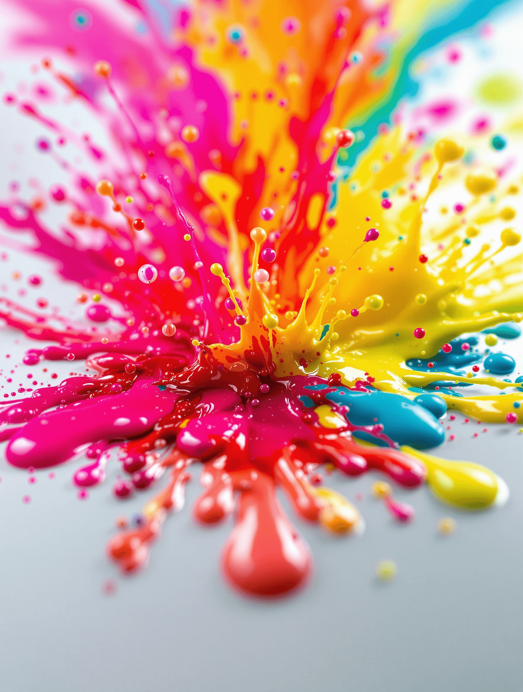 AI generated: A high-detail macro photograph of vibrant, colorful paint splatter on a smooth surface. The image ca...