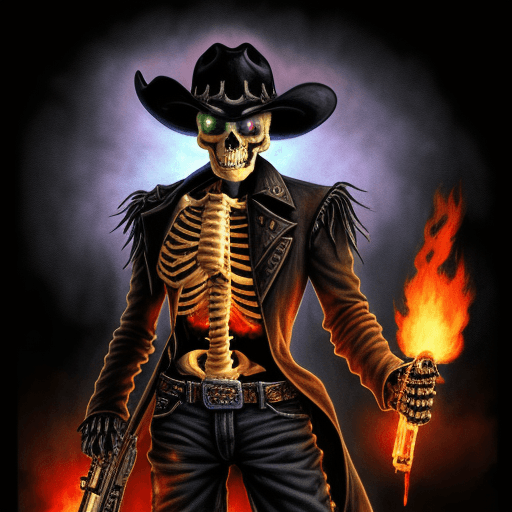 AI generated: a flaming skeleton pointing a gun forward, cowboy clothes, glowing eyes, pastel dark colors, oil pas...