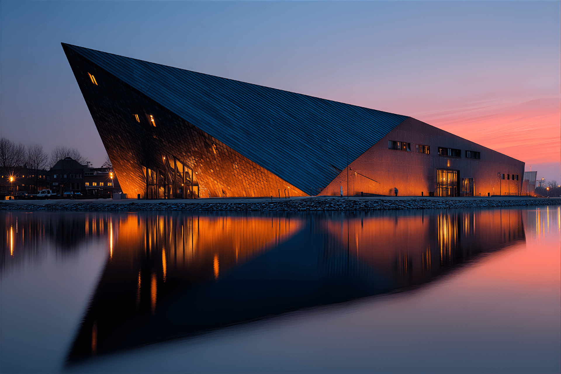 AI generated: Postmodernist museum, , abstract form, sunset colors, blue hour