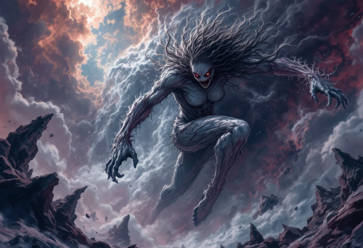AI generated: the prime girl jump through the air with a junji ito artstyle, the backdrop is a horrific elder thin...