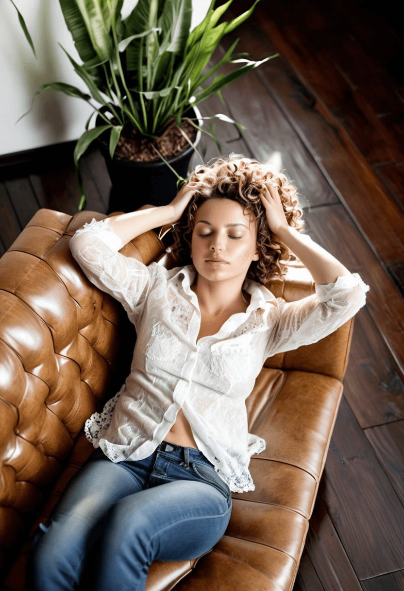 AI generated: photograph of a woman from above, lying on a couch with her legs hanging over one of the arms of the...