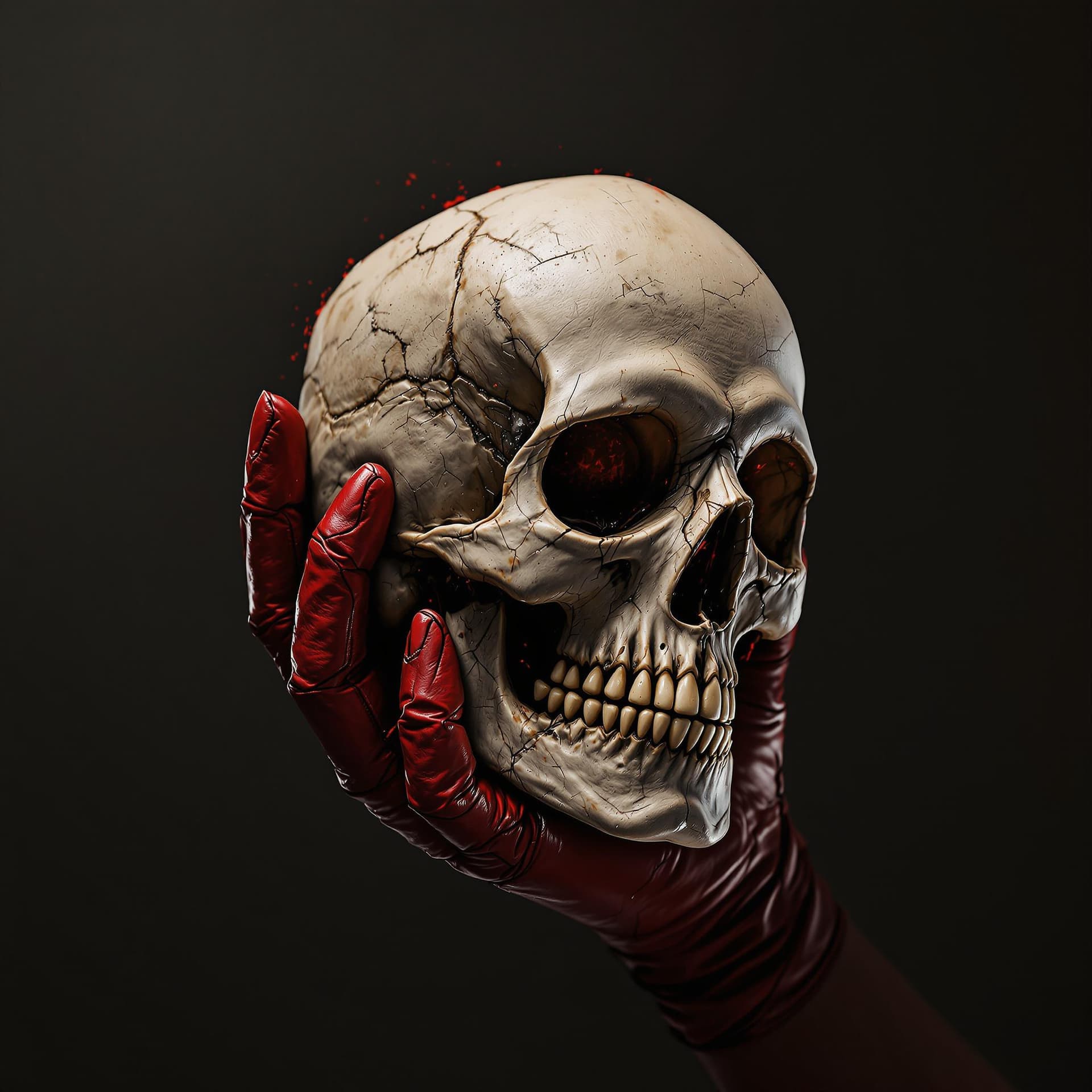 AI generated: a man's hand wearing red leather gloves in one hand holding and crushing a human skull, cinematic, h...