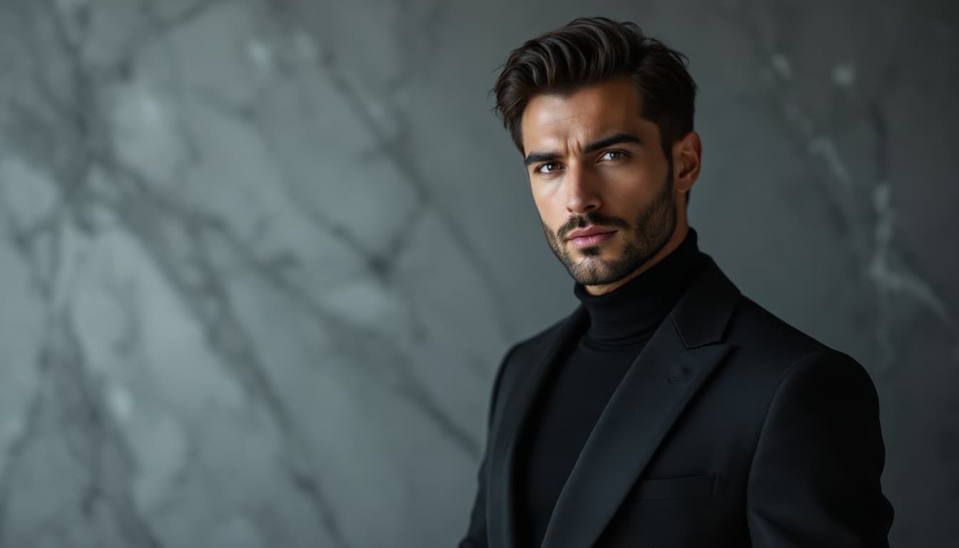 AI generated: Ultra-realistic man in elegant black modern suit, standing confidently, looking directly into the ca...