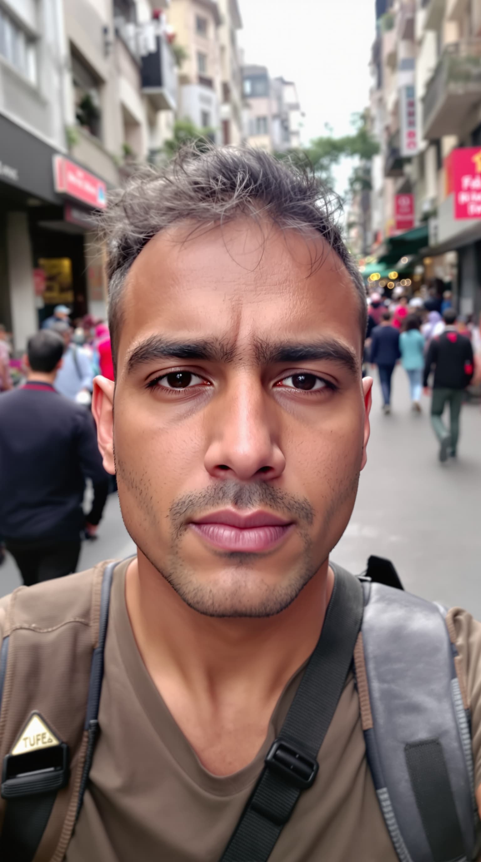AI generated: A realistic photo taken as a selfie on the street, everything is in focus, sharp details, natural da...