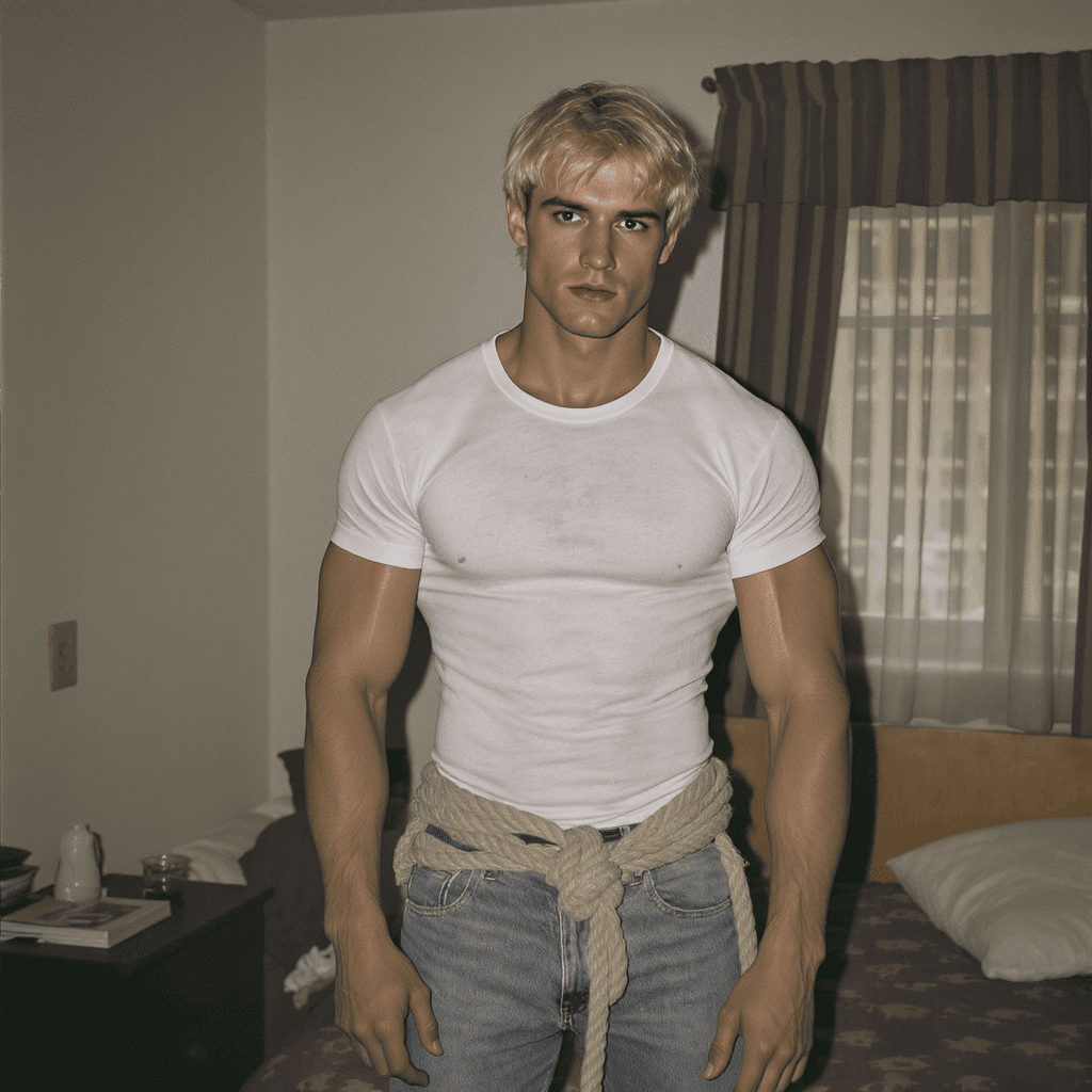 AI generated: 1980s gay man, very muscular, 20-year-old, blonde hair, wearing tight white tee shirt, tied up in ro...