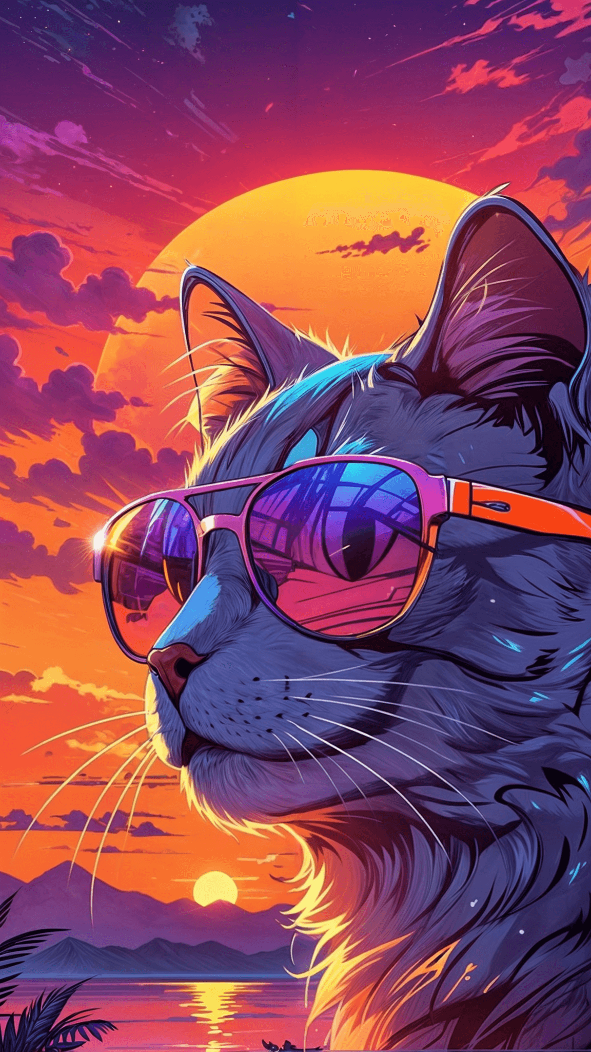 AI generated: 80s synthwave high detail purple cat with bright orange sunglasses, sunset in the background, vivid ...