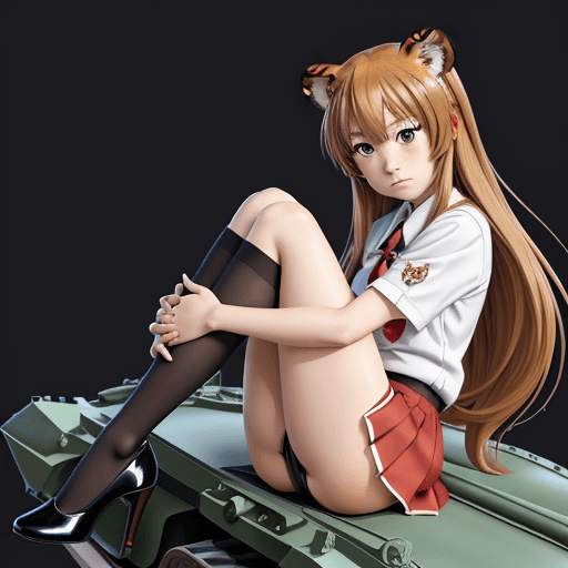 AI generated: masterpiece, taiga aisaka, smug, cute face, anime, anime face, sit on tank, hold, hug, red school un...