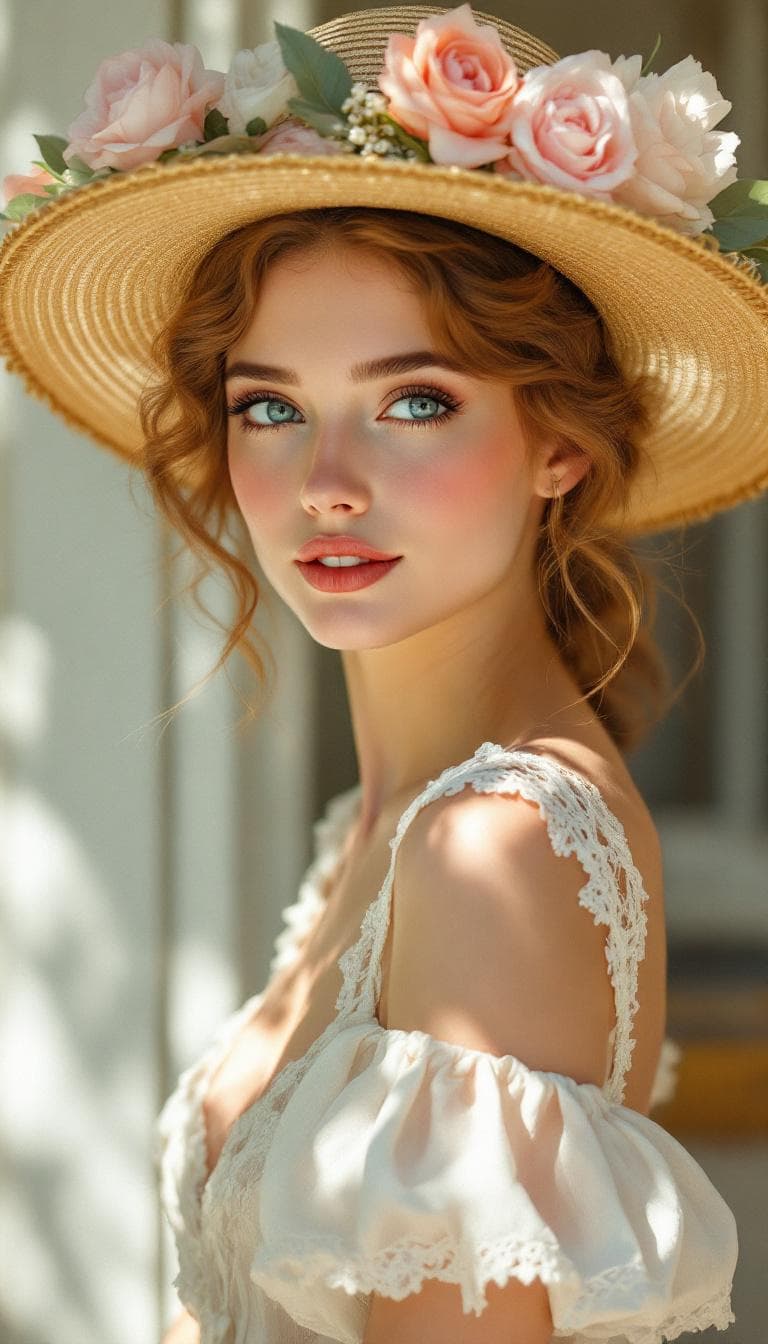 AI generated: A luminous portrait of a stunning young Southern belle, captured in soft, natural light with painter...