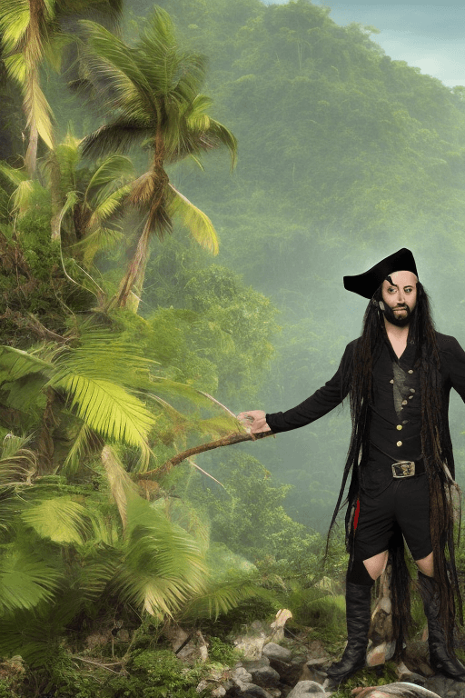AI generated: A dark haired man wearing a black pirate hat and torn clothing, standing on a beach with a lush jung...