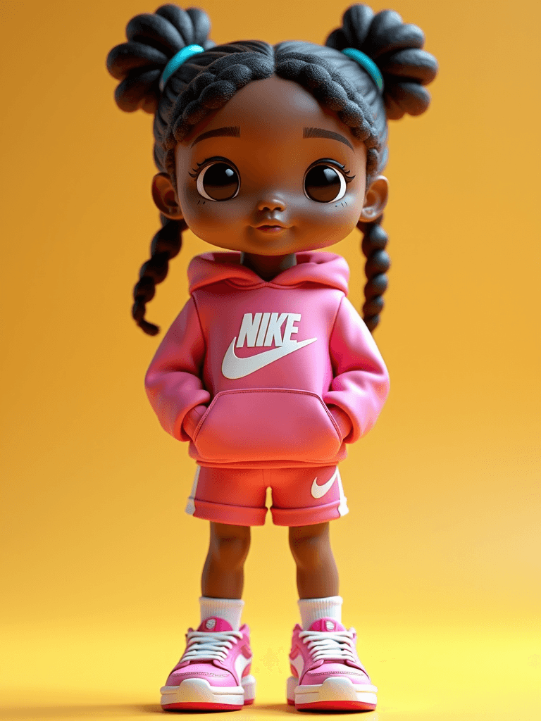 AI generated: Vibrant Pop Mart mystery box toy style, a young girl with long hair tied into two buns, full body po...