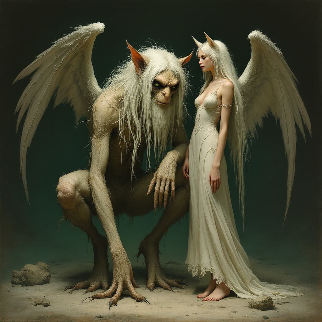 AI generated: An anthropomorphic creature with bird-like feet, long white hair, and cat ears is accompanied by an ...