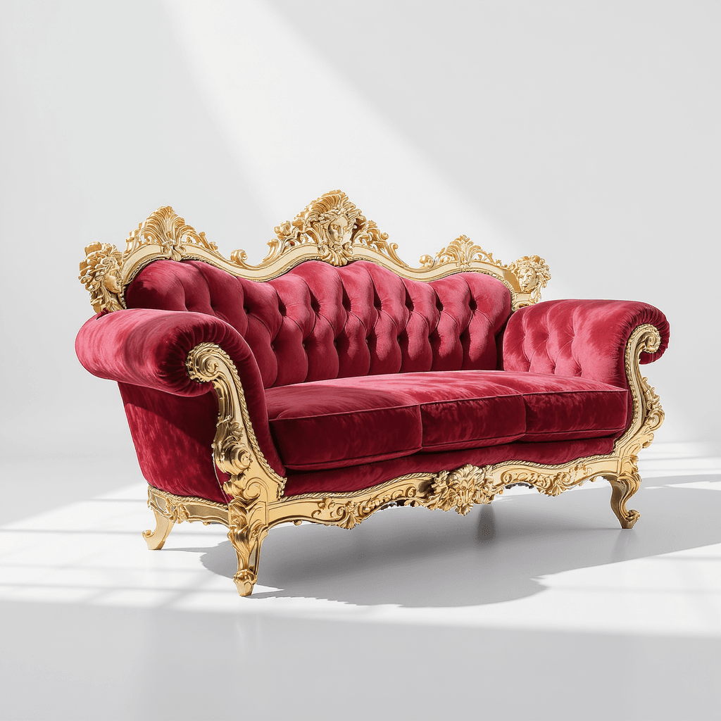 AI generated: high resolution photography, conceptual single sofa, inspired by Versace, curved shape form, gold Me...