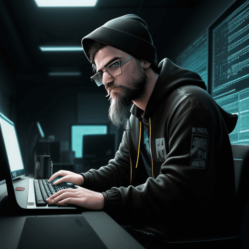 AI generated: Create an ultra-detailed, hyper-realistic image of a hacker in a dark room, sitting at a computer. T...