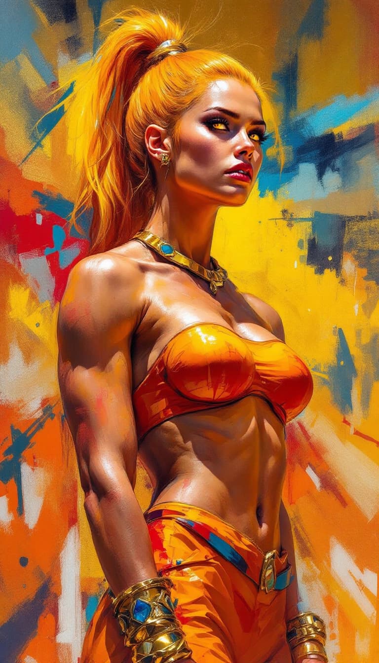 AI generated: "Solar Champion in a Golden Arena": A powerful abstract painting features a champion, exhibiting bot...
