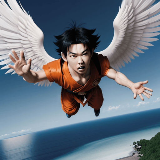AI generated: Toriyama Akira's comic IP Goku, with white angel wings behind him and an angel ring on his head, wav...