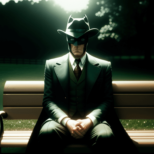 AI generated: Countryside gentleman batman shot by sofia coppola, staring at camera, sitting on a bench::Cinematic...