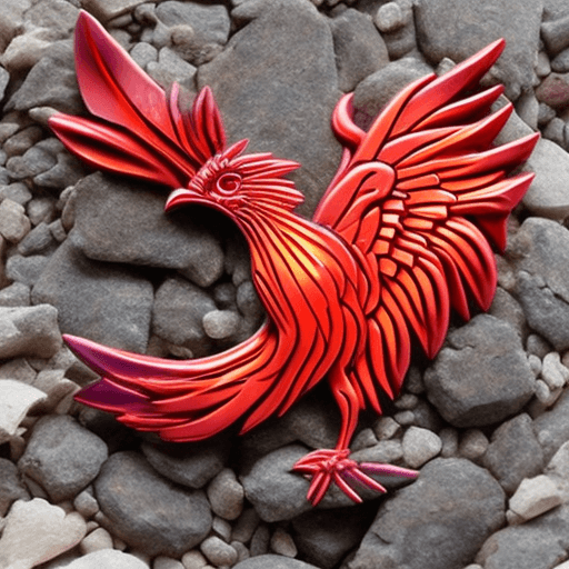 AI generated: Unique yo like phoenix, with pixar like. Plyaing with stone cylindar. Red color of feathers