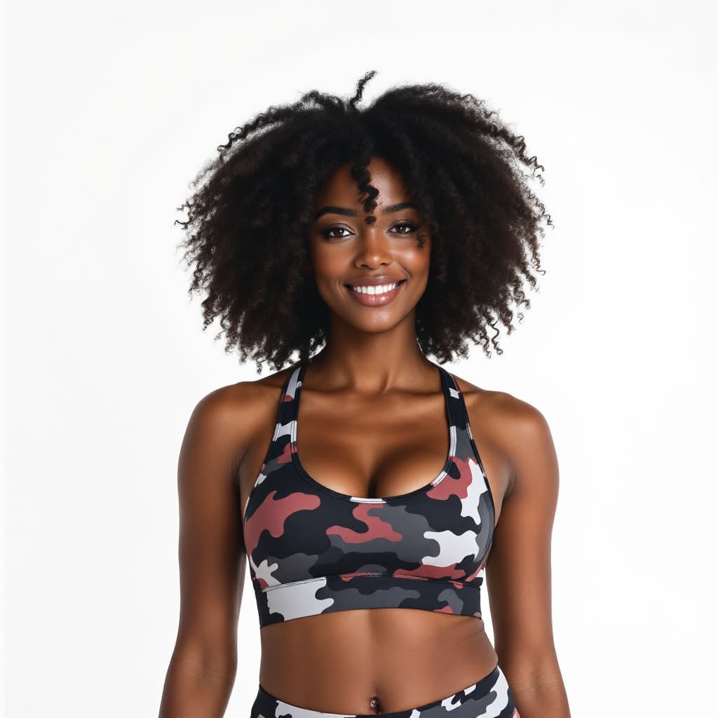 AI generated: a black woman wearing sports bra and matching leggings. The backdrop is white.