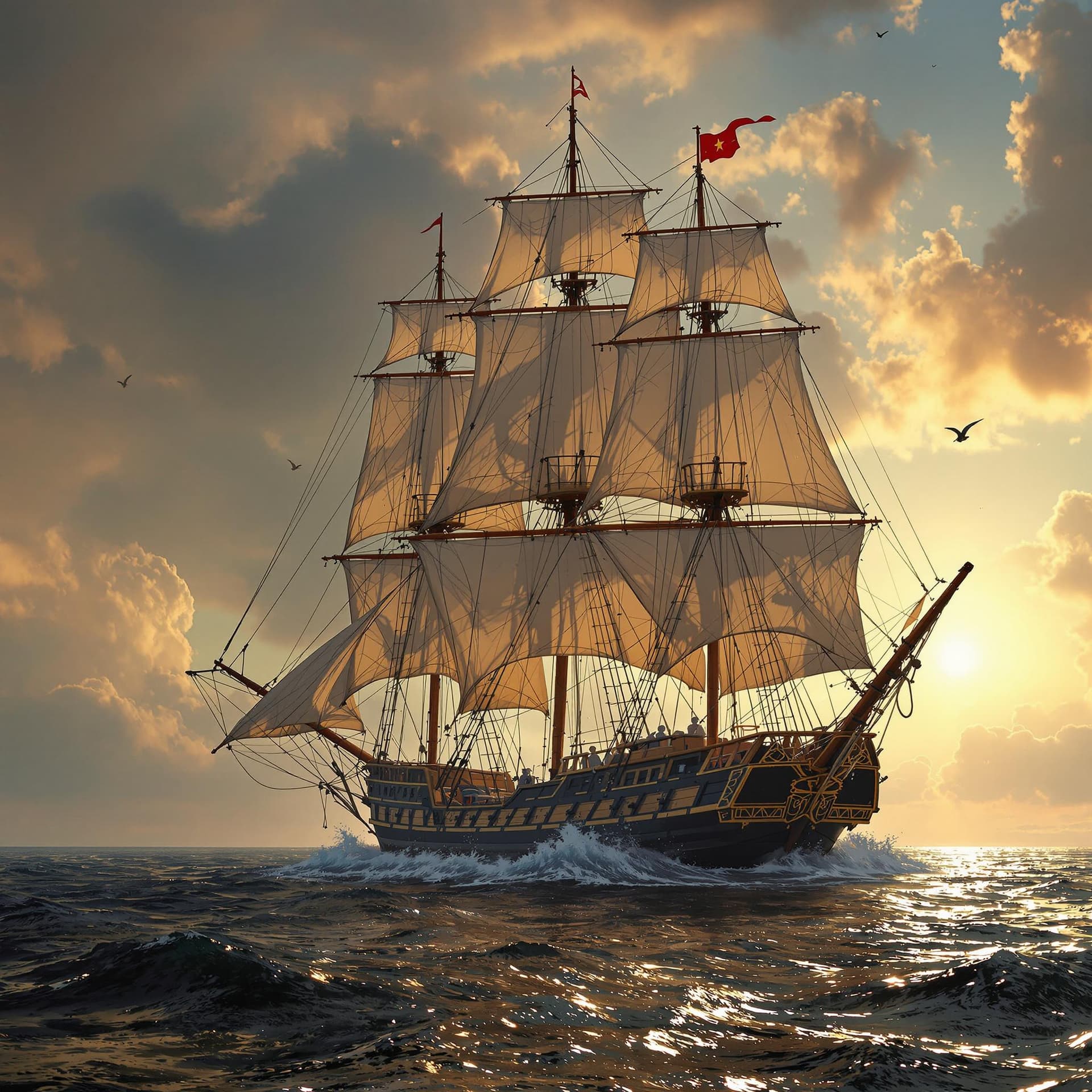 AI generated: Photo of a ultra realistic sailing ship, dramatic light, pale sunrise, cinematic lighting, battered,...