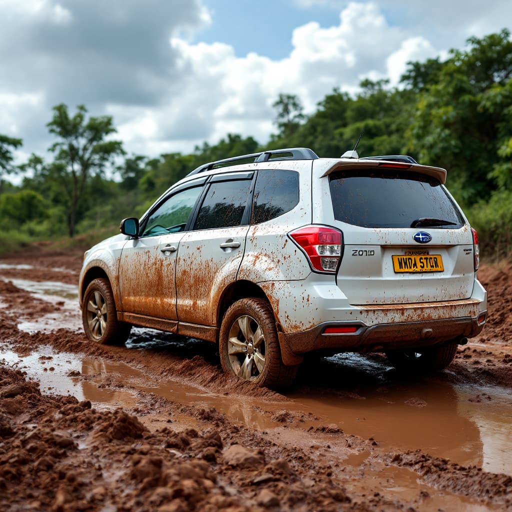 AI generated: a 4k detailed image showing side profile view  of a pearl white Subaru forester 2010 model with Ugan...