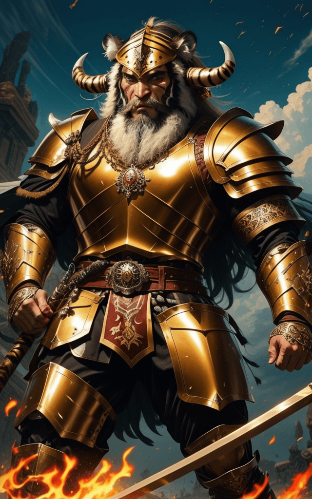 AI generated: Rostam of Shahnameh , mascular man with (( armor made of tiger skin )) ,  ( helmet of skull with hor...