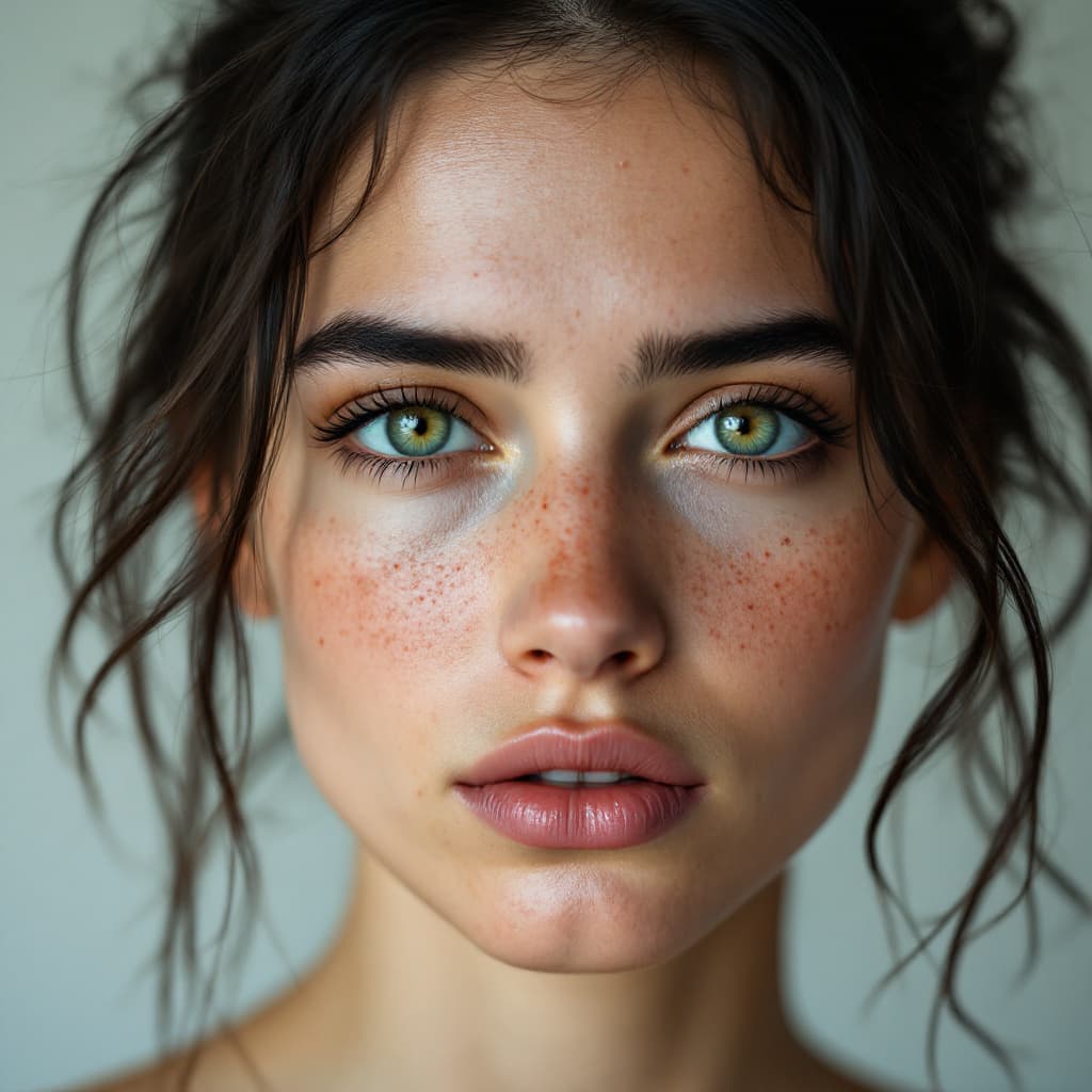 AI generated: Close-up portrait of a woman with green eyes, light freckles, and dark hair styled in loose tendrils...