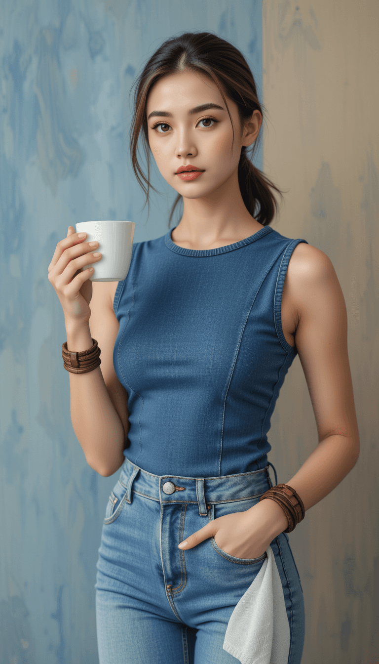 AI generated: A photorealistic image of a woman in a stylish denim ensemble. She wears a sleeveless, form-fitting ...