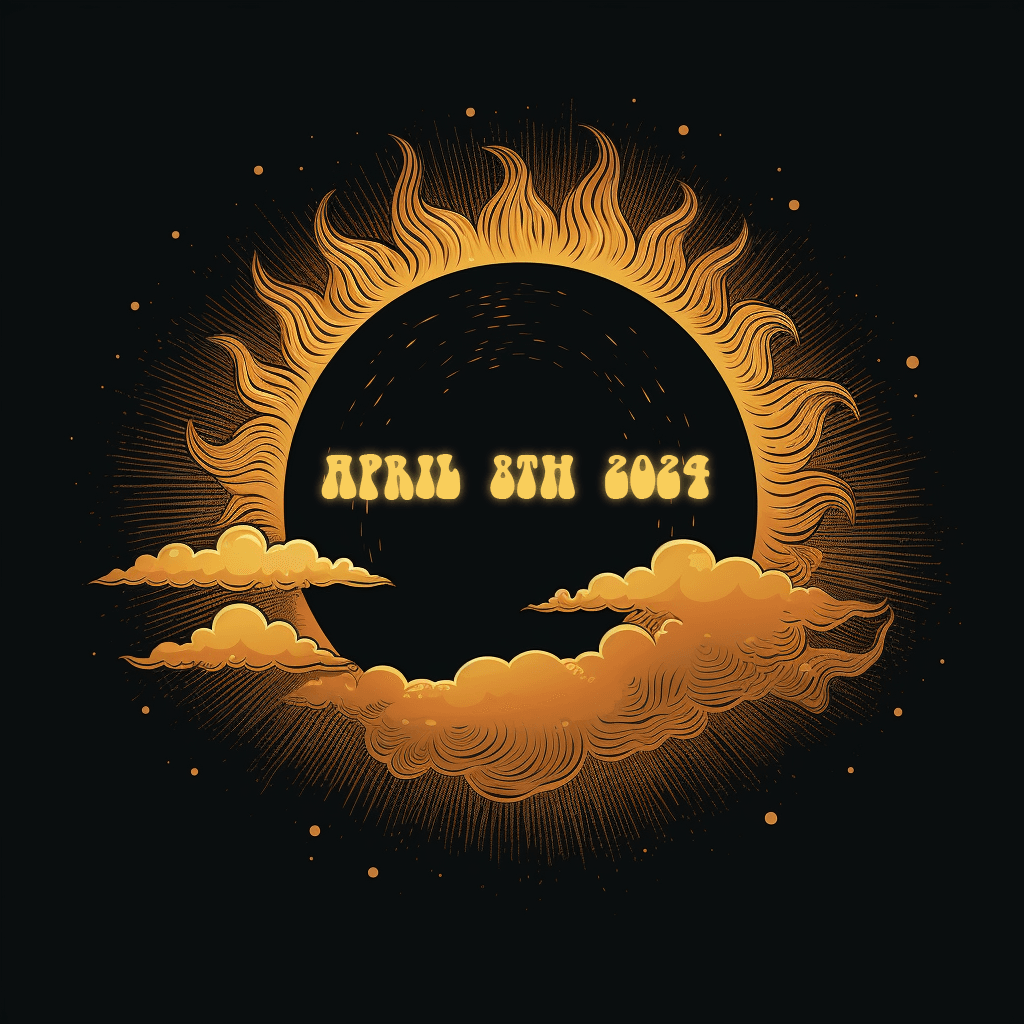 AI generated: An illustration of the sun, full eclipse of the sun by the moon, clouds in a vintage line art style ...