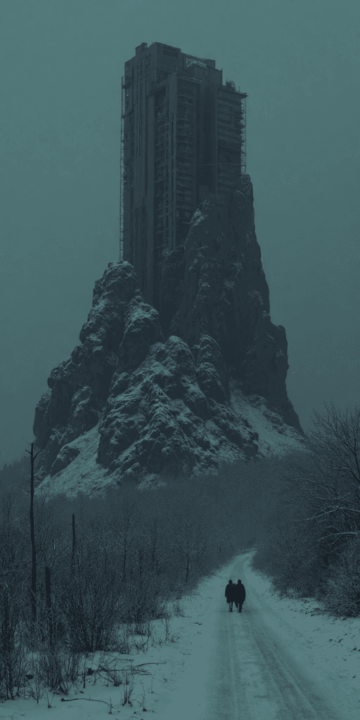 AI generated: acrophobiс photo attention-grabbing composition, the broken eastern europe block building cut-offs s...
