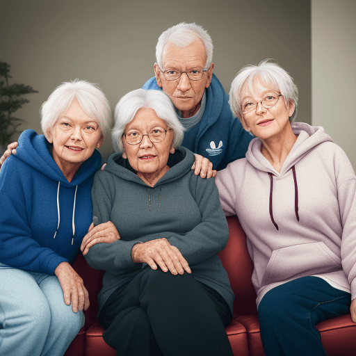 AI generated: High-quality open shot photograph of 4 elderly adults, all aged 55 years and older, posing and sitti...