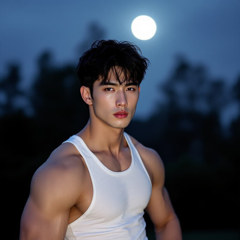 AI generated: A Korean male model with an bodybuilder body and short black hair, wearing a white tank top against ...