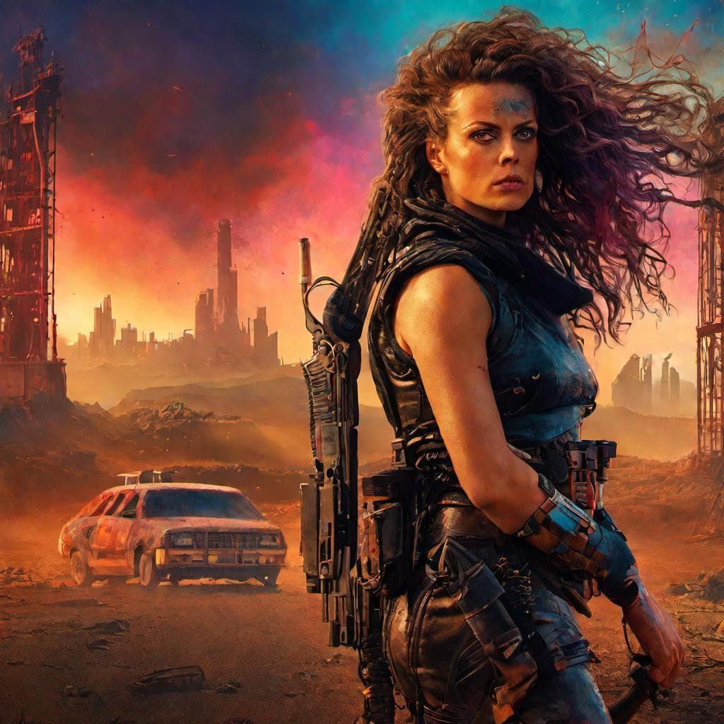 AI generated: A portrait of Sigourney Weaver as a mad max post apocalyptic female warrior, strong, muscular, long ...