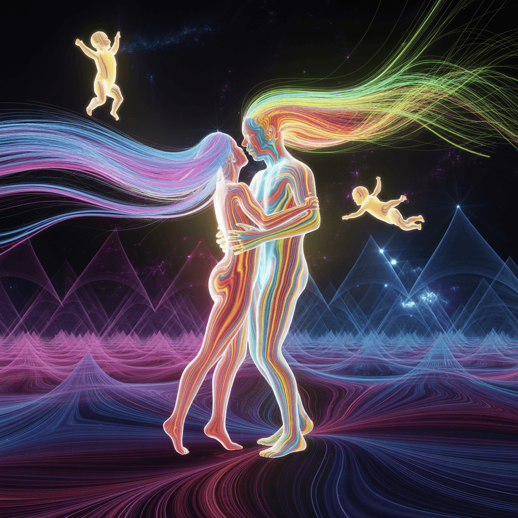 AI generated: Psychedelic, deep color. A surreal representation of existence as pure energy, showing a female and ...