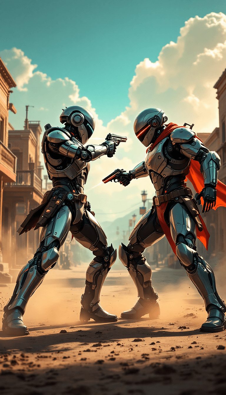 AI generated: A duel at high noon in the 'Cybernetic Wild West', with combatants using laser-sighted six-shooters ...