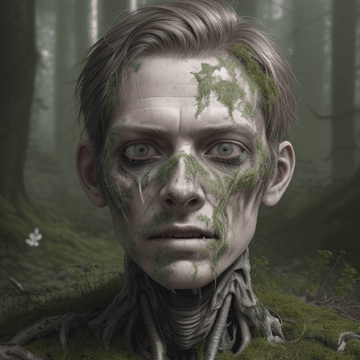 AI generated: A face of young man, 25 year, full face shot of a scary creepy android, state of decay and brittle, ...