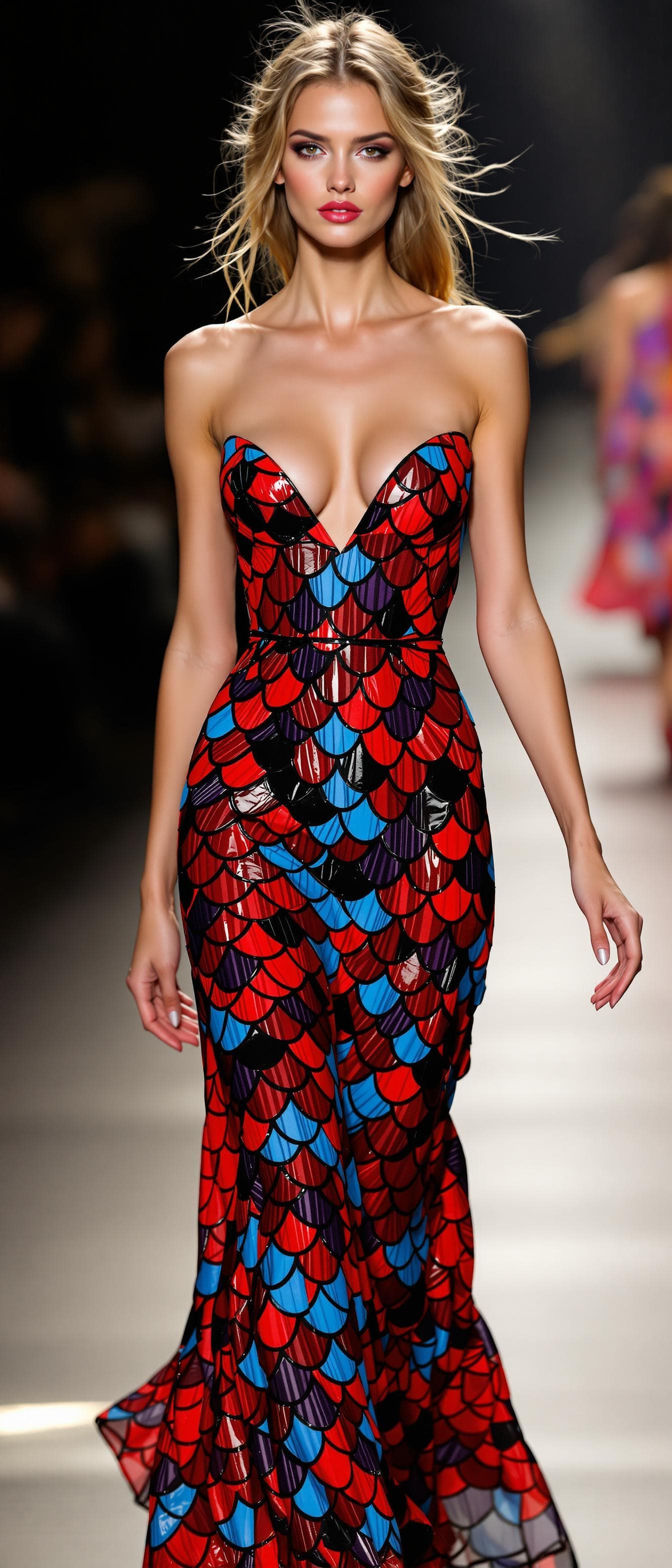 AI generated: "A professional, high-resolution full-body photograph captures a supermodel on a runway. She has lig...