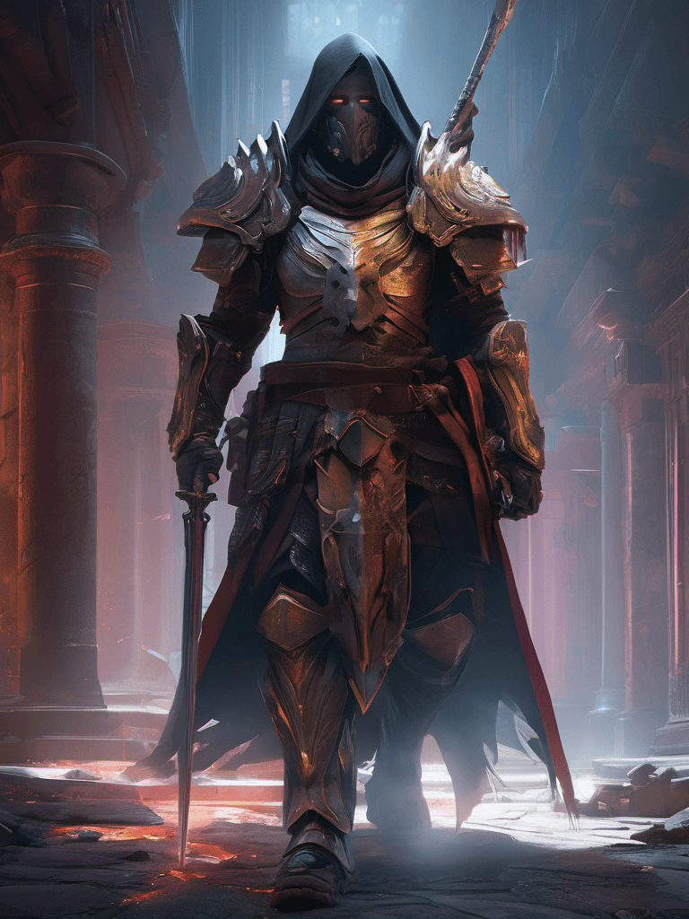 AI generated: A portrait of brutal warrior in void armor, legendary void warrior, ghost, ghost town, extremely bru...