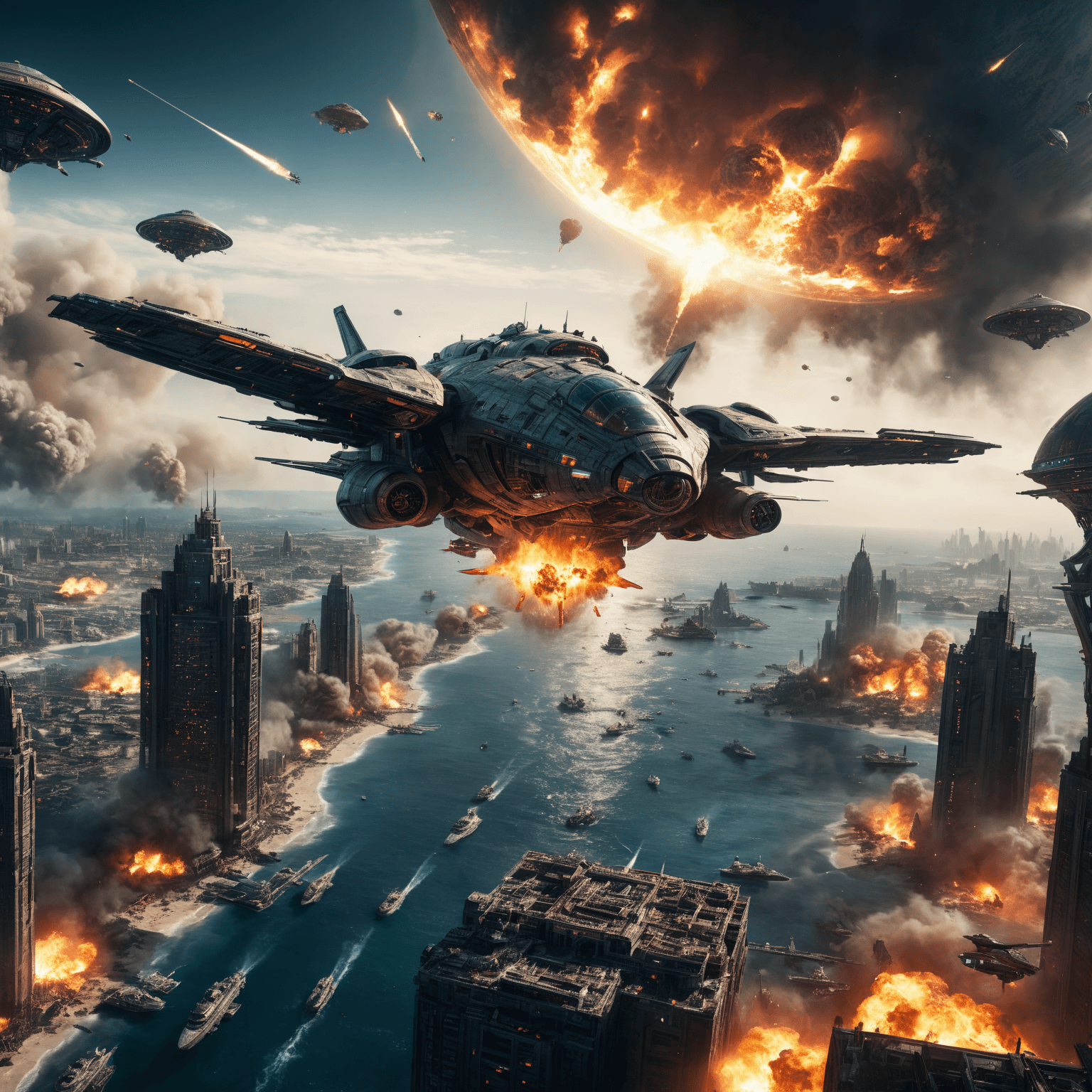 AI generated:  a combat spacecraft(closed up), fantasy scenery, There is a war in a futuristic city with an ocean,...