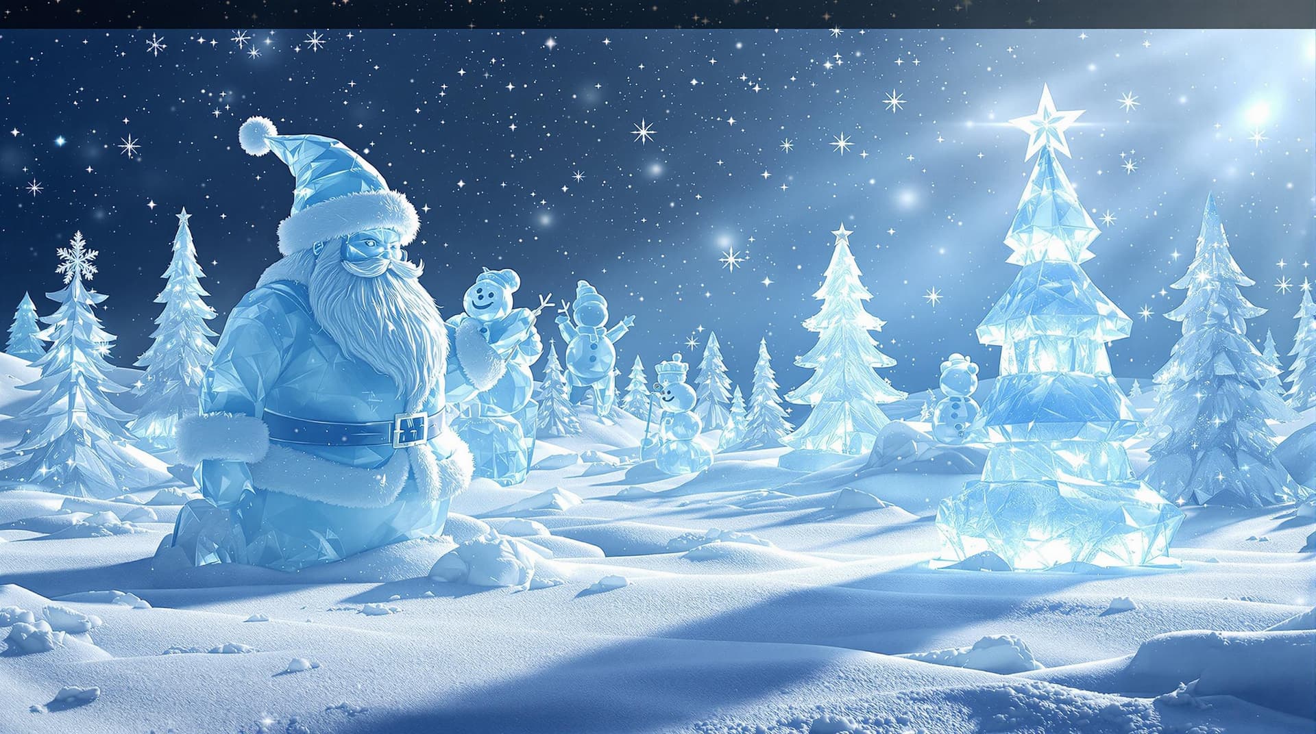AI generated: 3D render of a photorealistic image of an ice town, ice fairy sculptures of Santa, snowman, Christma...