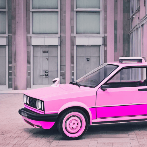 AI generated: All white tile room, pink Volkswagen Golf Mk2 GTI, perfect pink, bright lighting, pastel colors, ins...